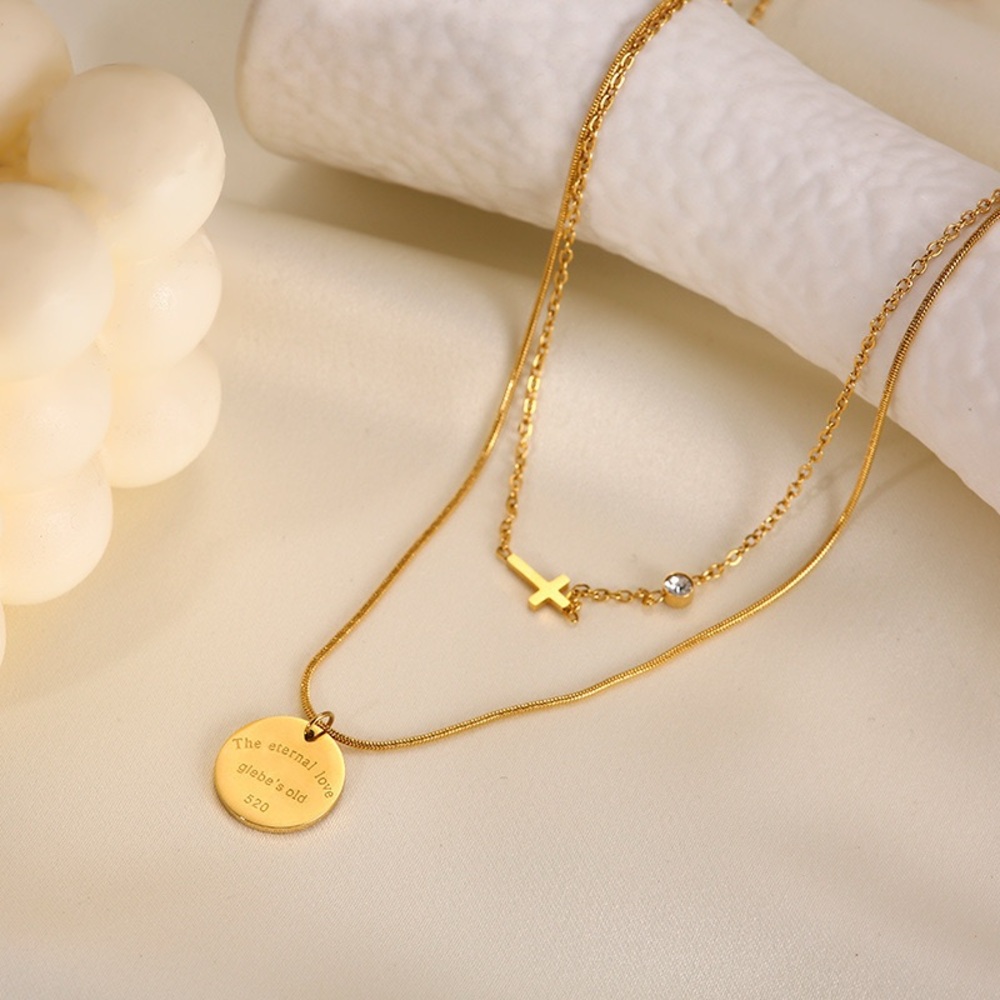 18K Gold Plated Double Layered Necklace*Stackable Cross Necklace*Round PendantLW - Picture 4 of 8